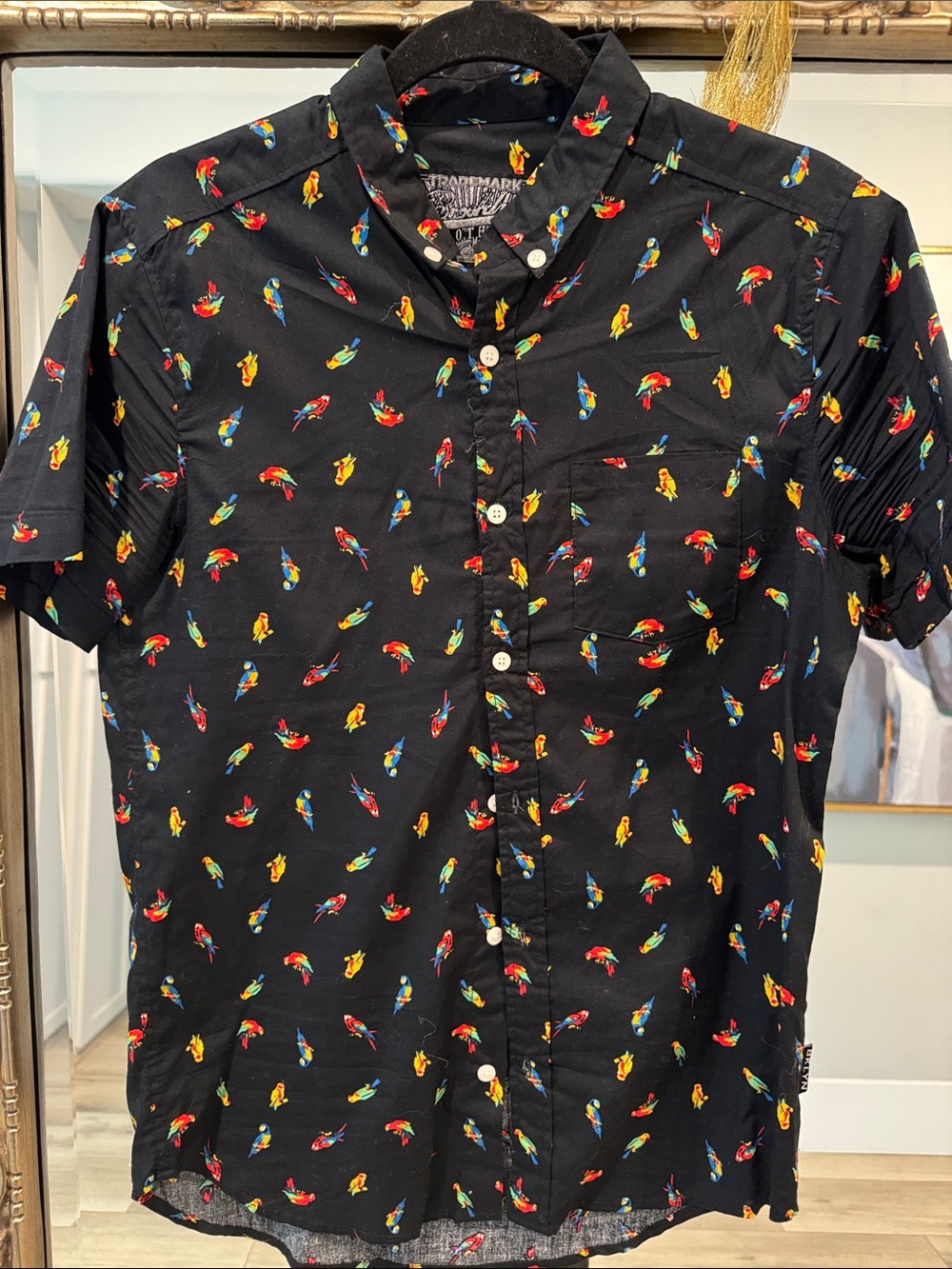 Brooklyn Cloth Black Short-Sleeve Button-Down with Multicolor Parrot Print